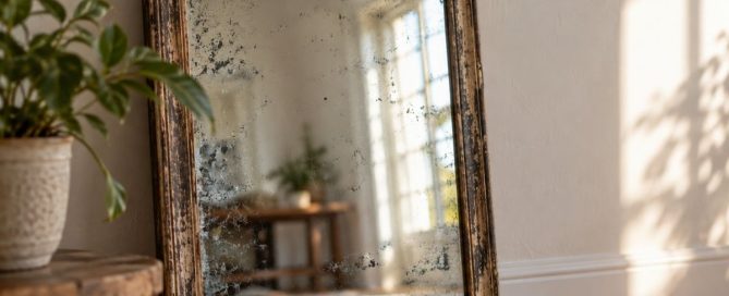 An old weathered mirror with imperfect glass, symbolizing how a harsh inner critic can distort the way we see ourselves.