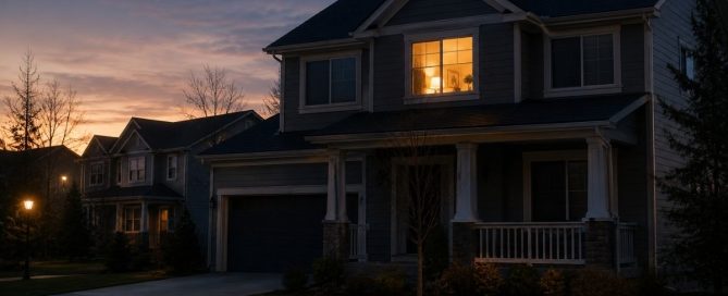 Well-kept suburban home at dusk with a single upstairs light glowing, symbolizing how high-functioning alcoholism often remains hidden behind a normal outward appearance.