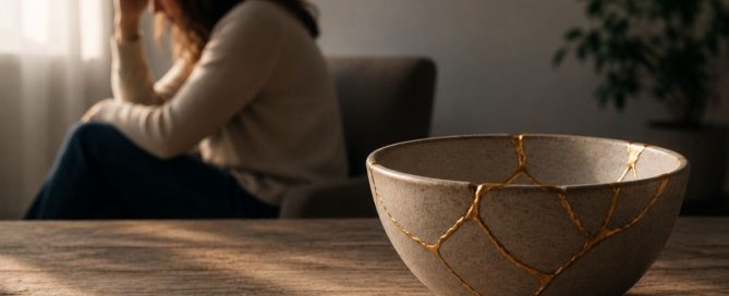 A kintsugi-repaired ceramic bowl in sharp focus with a blurred woman in the background, symbolizing healing after betrayal and the rebuilding of trust.