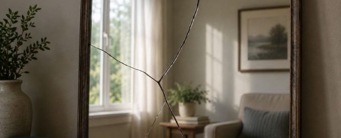 A cracked mirror reflecting an otherwise peaceful room, symbolizing how repeated lying in addiction can distort trust and leave loved ones questioning what to believe.