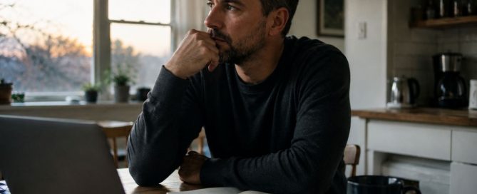 Man sitting alone at a kitchen table with a laptop and notebook, reflecting on beginning a self-directed addiction recovery program.
