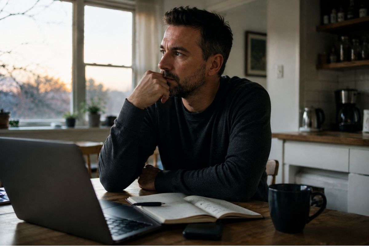 Man sitting alone at a kitchen table with a laptop and notebook, reflecting on beginning a self-directed addiction recovery program.