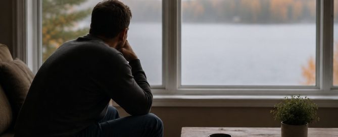 Person sitting quietly by a large window overlooking a calm lake, symbolizing the quiet moments in recovery when boredom can become a relapse trigger.