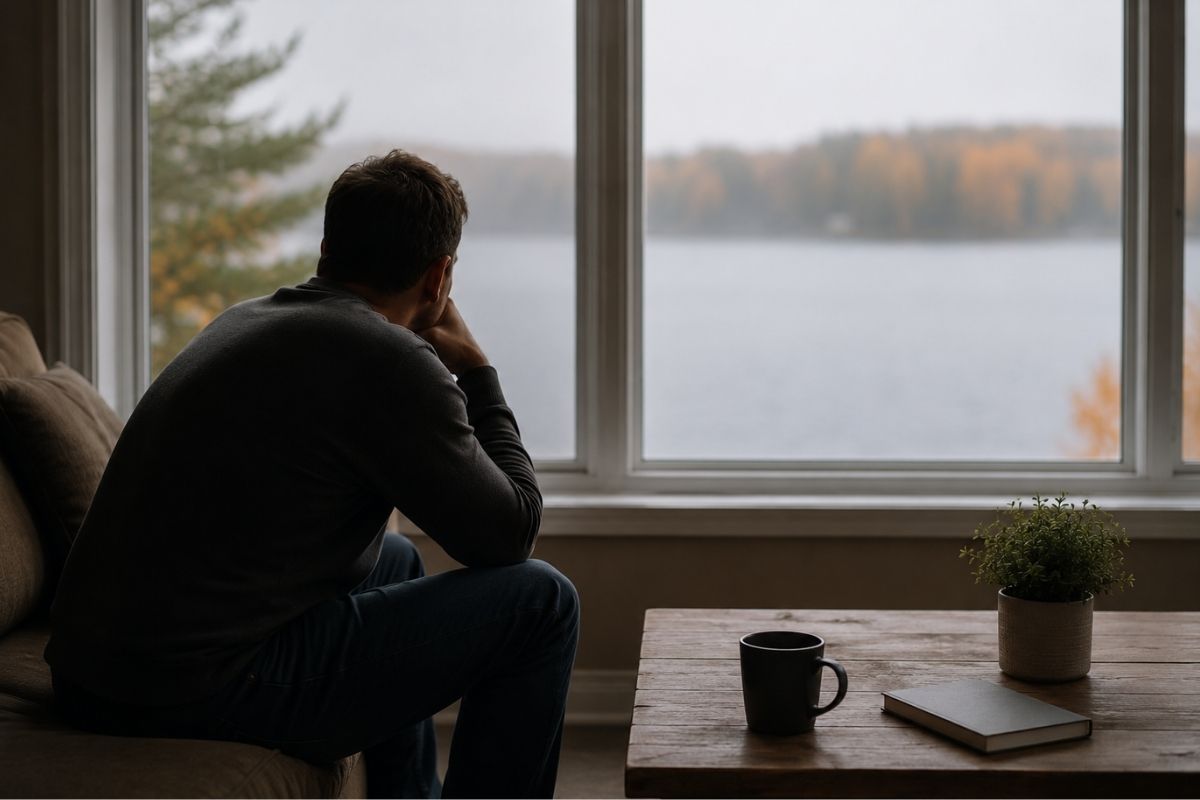 Person sitting quietly by a large window overlooking a calm lake, symbolizing the quiet moments in recovery when boredom can become a relapse trigger.
