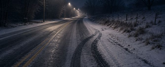 Snow-covered winter road at night with tire tracks slowly drifting toward the shoulder, symbolizing the early warning signs of relapse in compulsive sexual behaviour recovery.