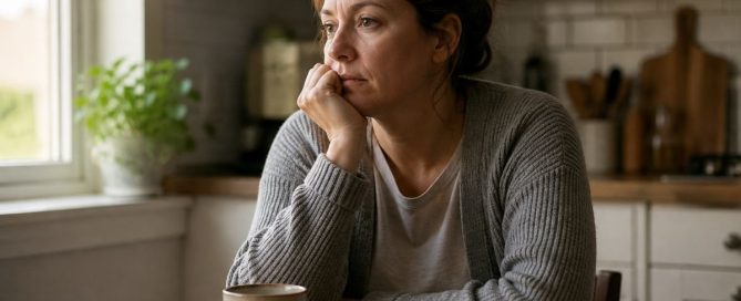 Woman sitting alone at a kitchen table early in the morning reflecting on starting addiction recovery
