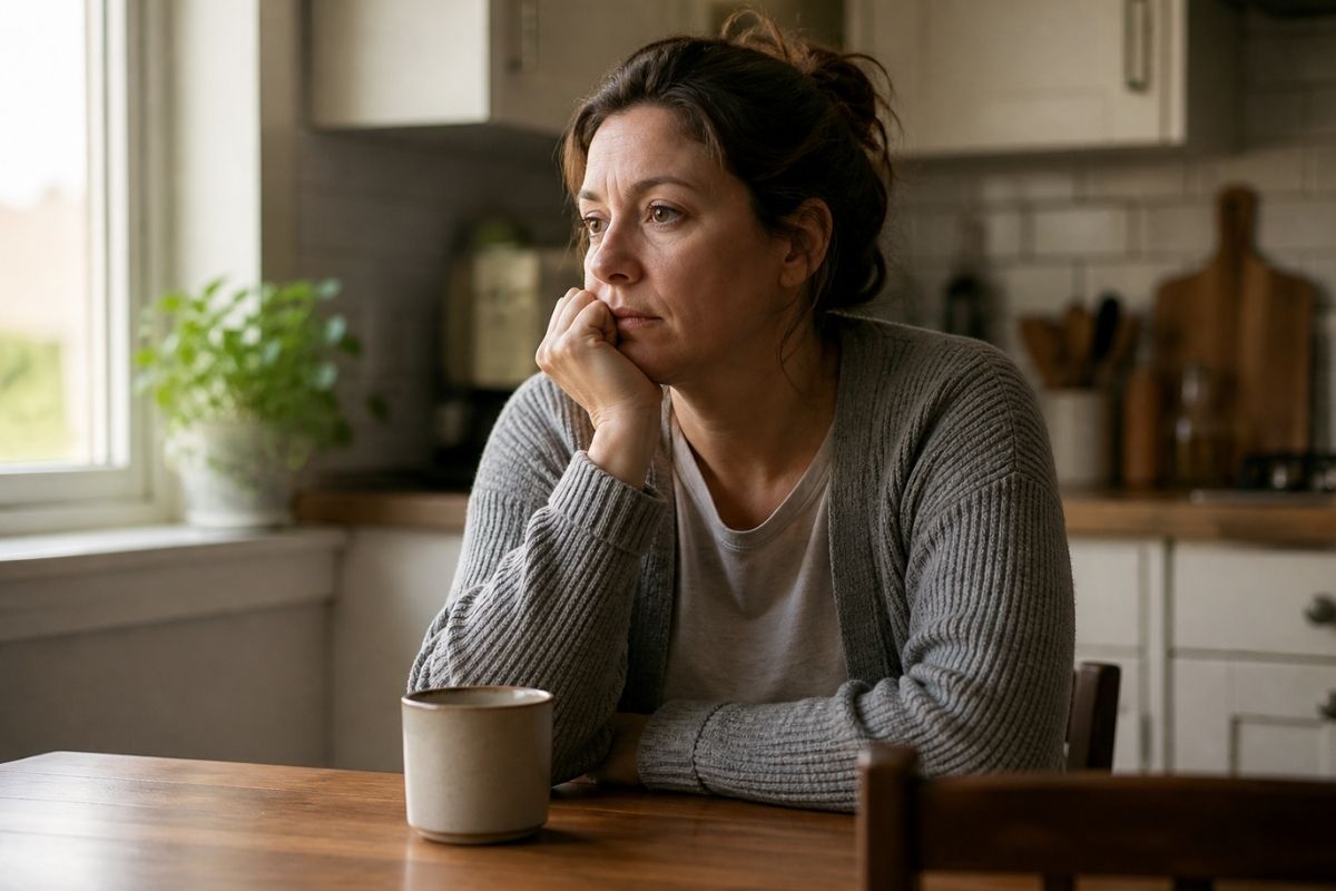 Woman sitting alone at a kitchen table early in the morning reflecting on starting addiction recovery
