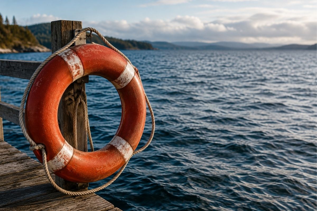 A life preserver hanging beside open water, symbolizing the difference between supporting someone with addiction and rescuing them from consequences.