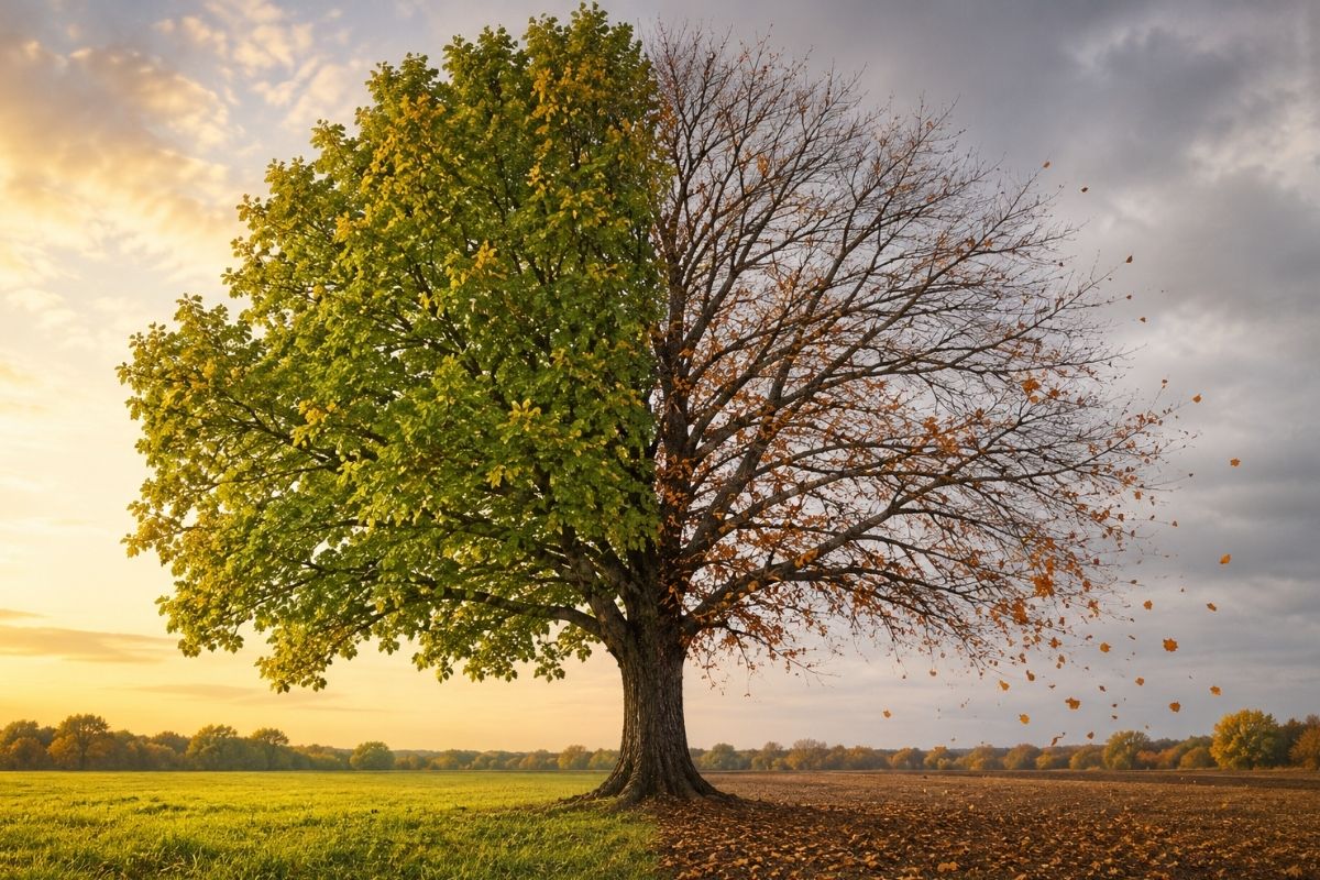 Tree with healthy leaves on one side and thinning branches on the other, representing how addiction gradually affects multiple areas of a person's life.