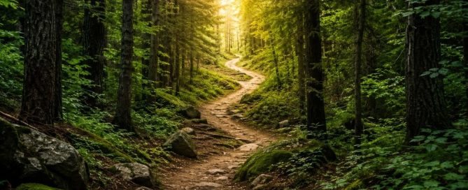 Sunlit forest trail winding through dense trees, representing hope, healing, and the gradual recovery process after compulsive pornography use.