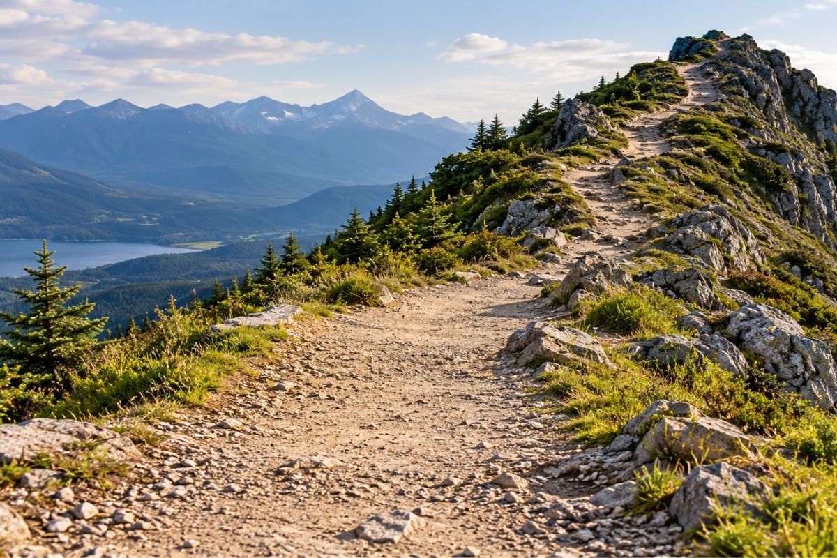 A mountain trail becoming narrower and more difficult as it climbs, symbolizing escalation in compulsive porn and sexual behaviour.