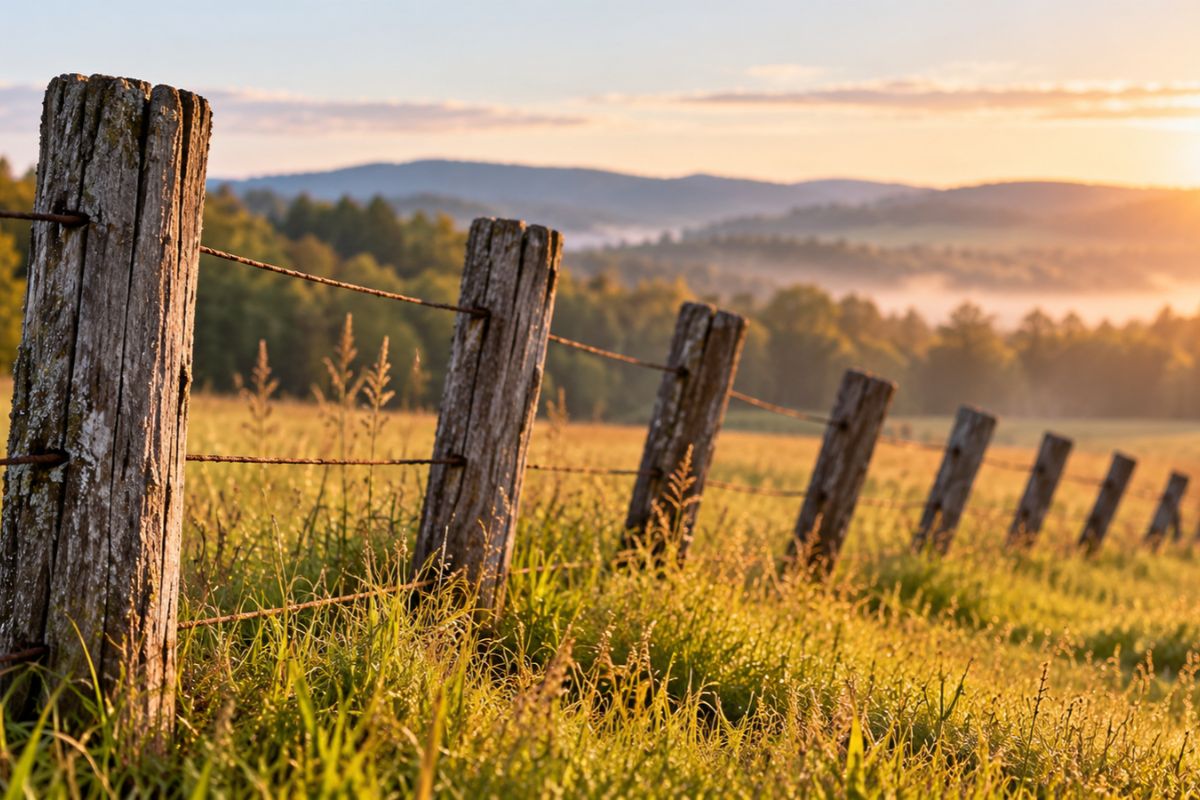 A row of weathered wooden fence posts leaning progressively farther to one side across a grassy field, symbolizing gradual changes in drinking habits.