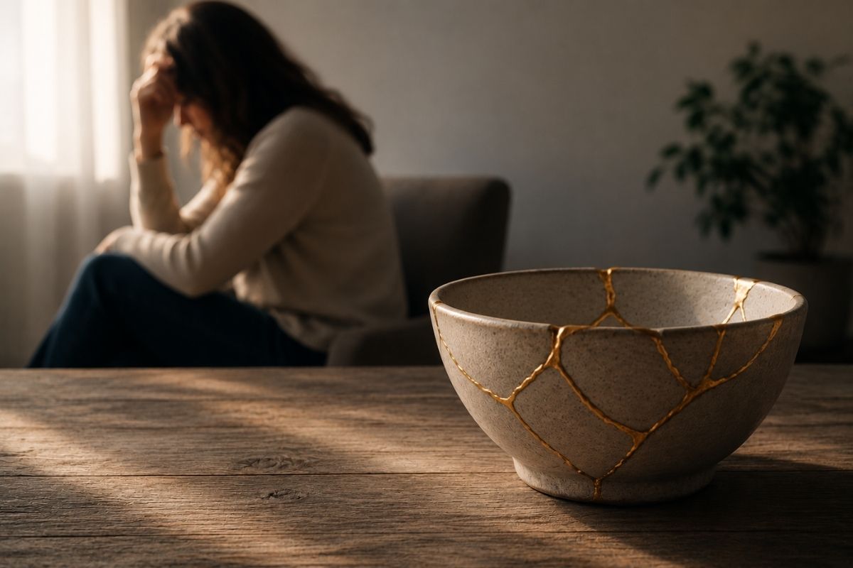 A kintsugi-repaired ceramic bowl in sharp focus with a blurred woman in the background, symbolizing healing after betrayal and the rebuilding of trust.