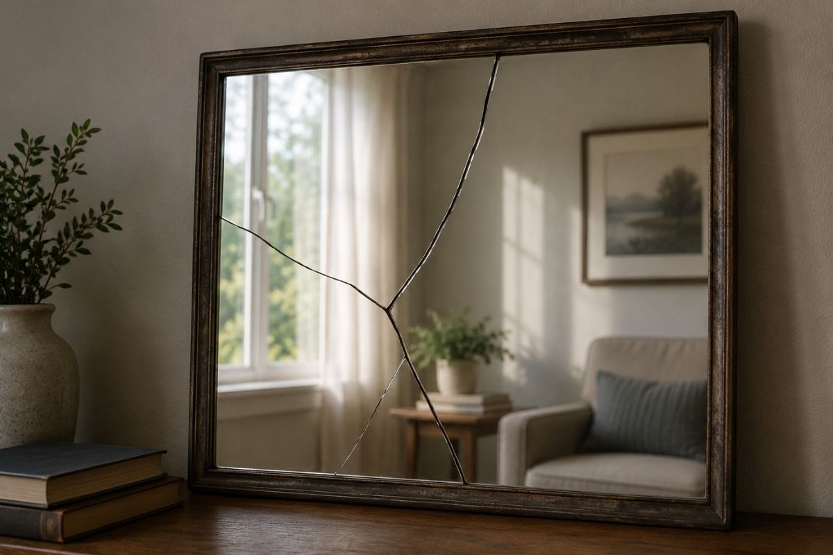 A cracked mirror reflecting an otherwise peaceful room, symbolizing how repeated lying in addiction can distort trust and leave loved ones questioning what to believe.
