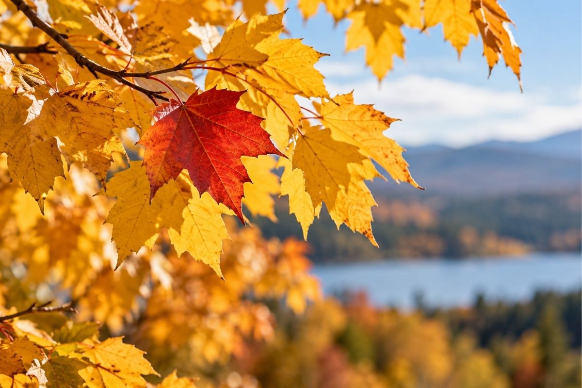 A single red maple leaf surrounded by golden autumn leaves, symbolizing individuality and self-worth independent of others' opinions.