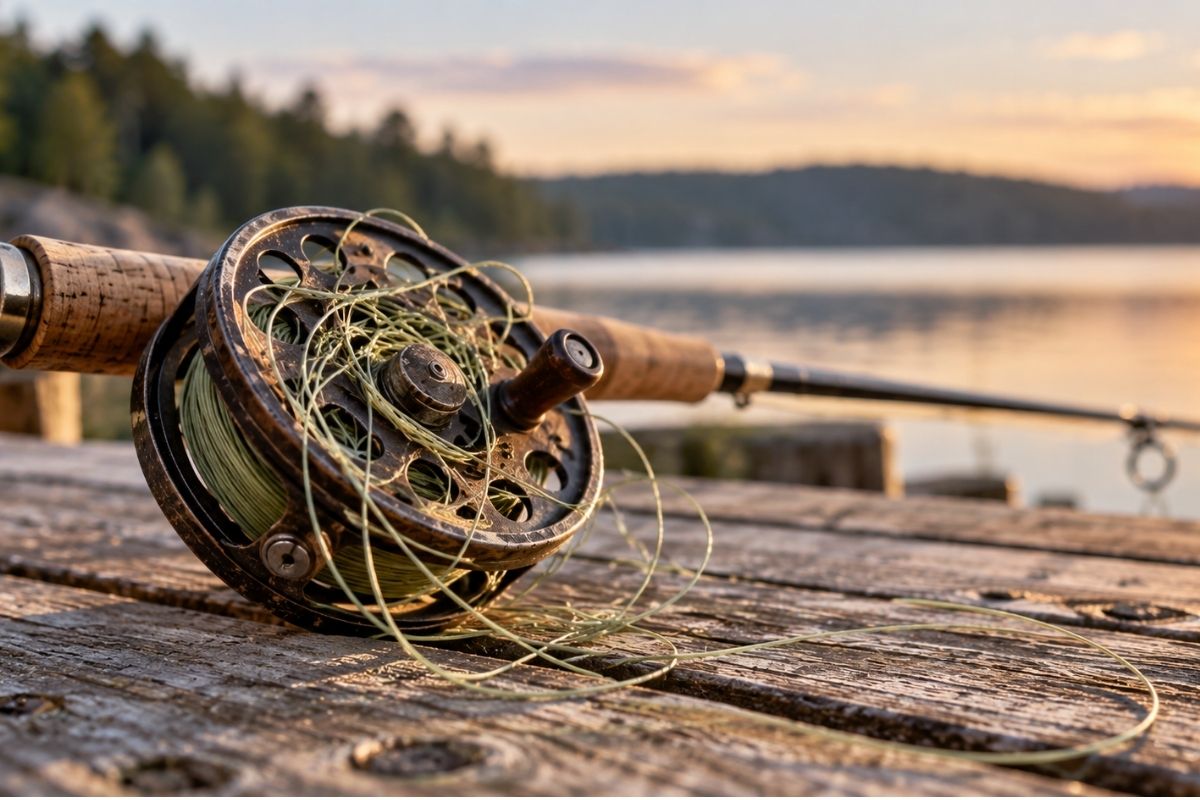 A fishing rod and reel with tangled fishing line resting on a weathered wooden dock beside a calm lake.